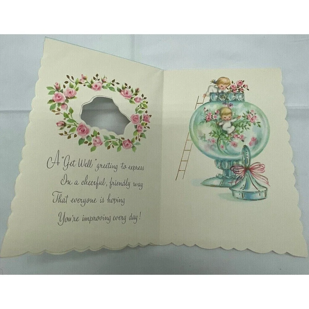 Vintage 60's Little angel in tree bluebird embossed Get Well greeting card *J11